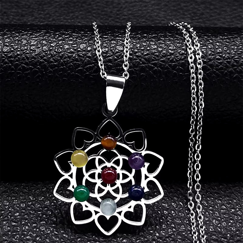 Sacred Geometry 7 Chakra Metatron Heart Necklace Flower of Life Stainless Steel Opal Stone Necklace Reiki Healing Jewelry N6341