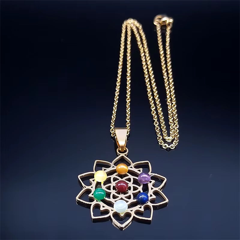 Sacred Geometry 7 Chakra Metatron Heart Necklace Flower of Life Stainless Steel Opal Stone Necklace Reiki Healing Jewelry N6341