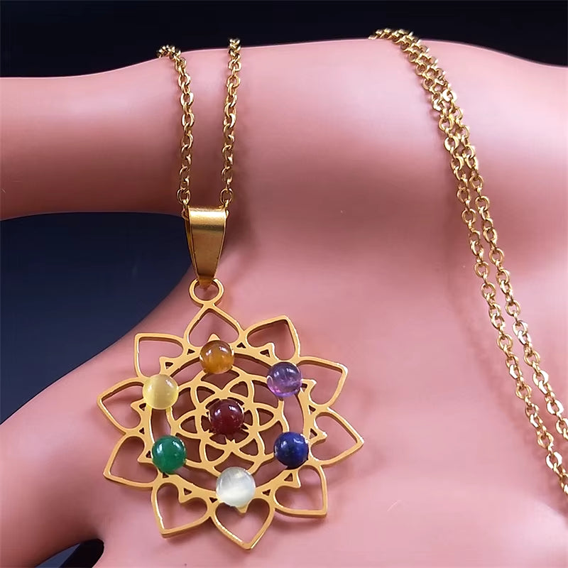 Sacred Geometry 7 Chakra Metatron Heart Necklace Flower of Life Stainless Steel Opal Stone Necklace Reiki Healing Jewelry N6341