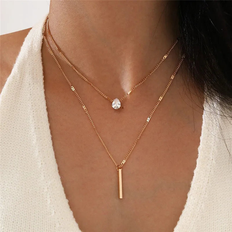 Crystal Zircon Heart and Star Charm Pendant Necklace for Women, Fashion Layered Charms Rhinestone Female Vintage Jewelry Gifts