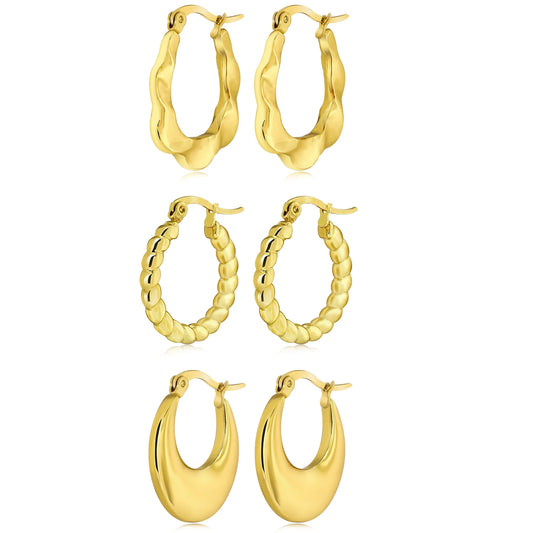 3 Pairs Multipack Everyday Women Earrings Gift Set in Yellow Gold Plating, Thick Open, Lightweight, Hoop Hypoallergenic Twisted Earrings for Women