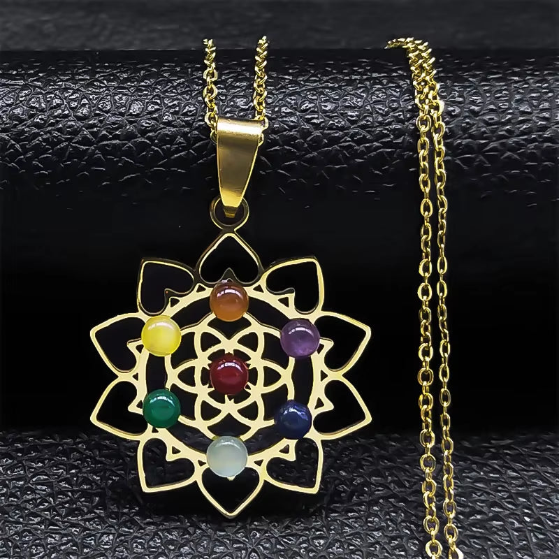 Sacred Geometry 7 Chakra Metatron Heart Necklace Flower of Life Stainless Steel Opal Stone Necklace Reiki Healing Jewelry N6341