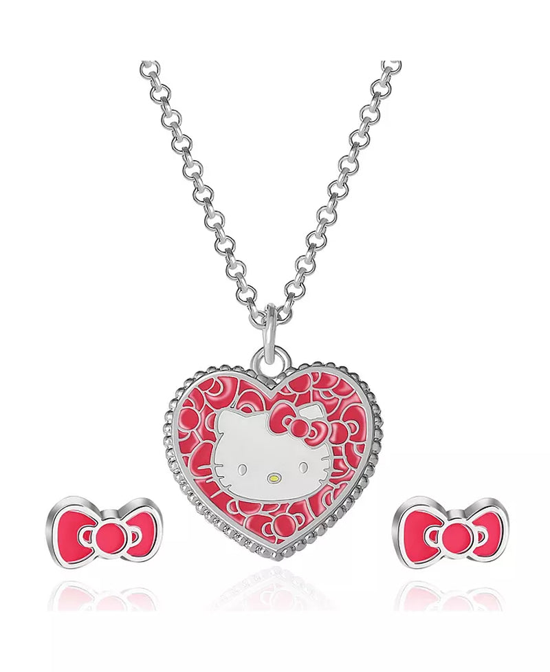 Sanrio Fashion Jewelry Set, Heart Necklace and Bow Stud Earrings, Officially Licensed