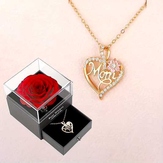 Mom Heart Pendant Necklace with Rose Gift Box for Mom Birthday Christmas Romantic Gift 2023 New in Fashion Luxury Zirocn Jewelry