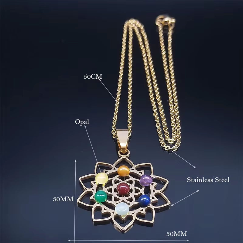 Sacred Geometry 7 Chakra Metatron Heart Necklace Flower of Life Stainless Steel Opal Stone Necklace Reiki Healing Jewelry N6341