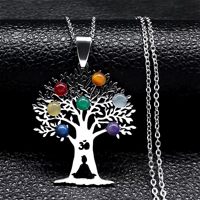 Sacred Geometry 7 Chakra Metatron Heart Necklace Flower of Life Stainless Steel Opal Stone Necklace Reiki Healing Jewelry N6341