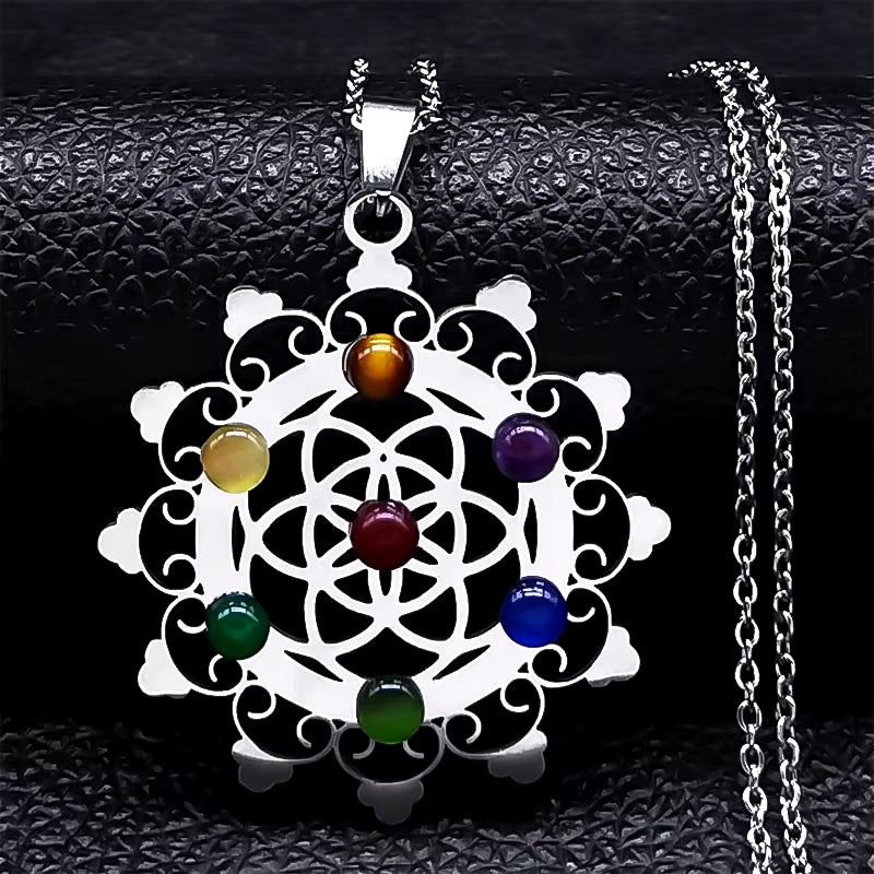 Sacred Geometry 7 Chakra Metatron Heart Necklace Flower of Life Stainless Steel Opal Stone Necklace Reiki Healing Jewelry N6341