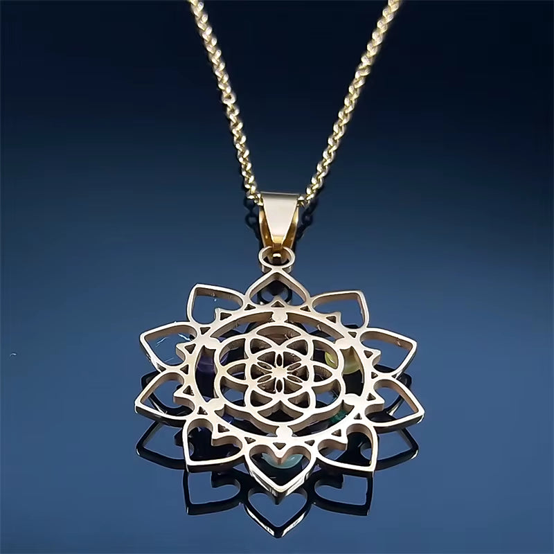 Sacred Geometry 7 Chakra Metatron Heart Necklace Flower of Life Stainless Steel Opal Stone Necklace Reiki Healing Jewelry N6341