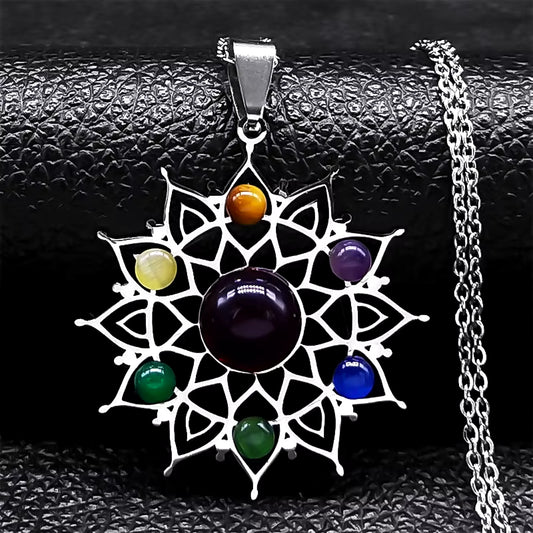 Sacred Geometry 7 Chakra Metatron Heart Necklace Flower of Life Stainless Steel Opal Stone Necklace Reiki Healing Jewelry N6341