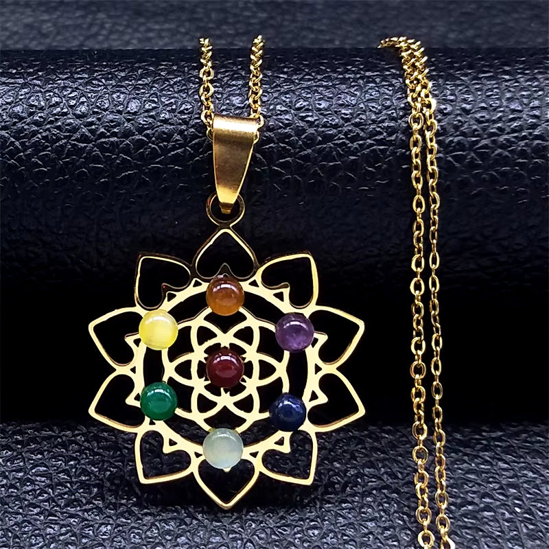 Sacred Geometry 7 Chakra Metatron Heart Necklace Flower of Life Stainless Steel Opal Stone Necklace Reiki Healing Jewelry N6341