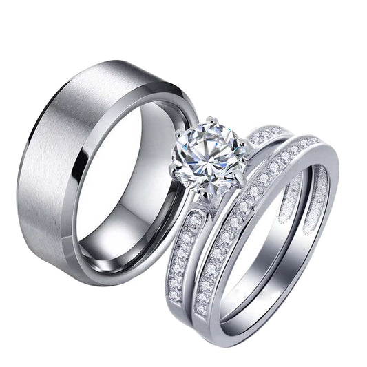 Matching Rings Couple Rings 10Kt White Gold Plated CZ Wedding Ring Set for Women